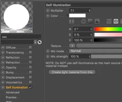 勾选SELF ILLUMINATION启动自发光